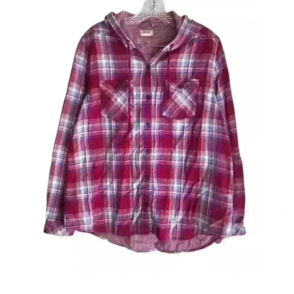 Boston Traders Women's Flannel Hoodie Shirt Sz M Plaid Long‎ Sleeve Cotton Rayon